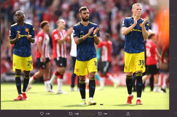 Para pemain Manchester United seusai laga kontra Southampton pada pekan kedua Liga Inggris, Minggu (22/8/2021) malam WIB.