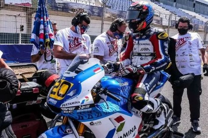 Pembalap Indonesia, Dimas Ekky Pratama, saat berlomba pada CEV Moto2 Jerez 2021 di Sirkuit Jerez, Spanyol, 20-22 Agustus 2021.