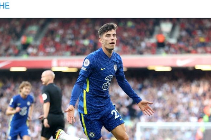 Selebrasi pemain Chelsea, Kai Havertz, untuk golnya ke gawang Liverpool pada pertandingan Liga Inggris di Anfield, Sabtu (28/8/2021)