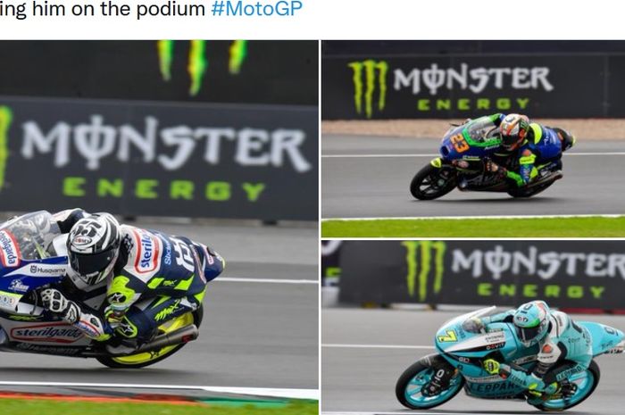 Kolase foto peraih podium balapan Moto3 Inggris 2021 di Sirkuit Silverstone, Inggris, 29 Agustus 2021. Romano Fenati (kiri) menjadi pemenang lomba, Niccolo Antonelli (kanan atas) menjadi runner-up, dan Dennis Foggia berada di urutan tiga.