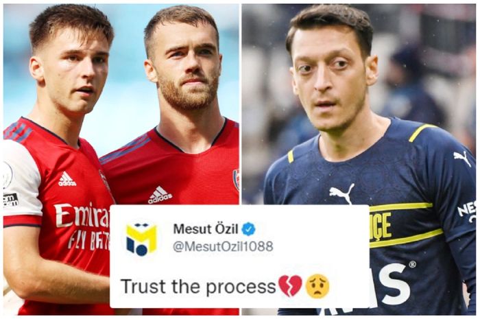 Mesut Oezil (kanan) langsung membuat tweet menyindir Pelatih Arsenal Mikel Arteta seusai digunduli Manchester City 5-0.