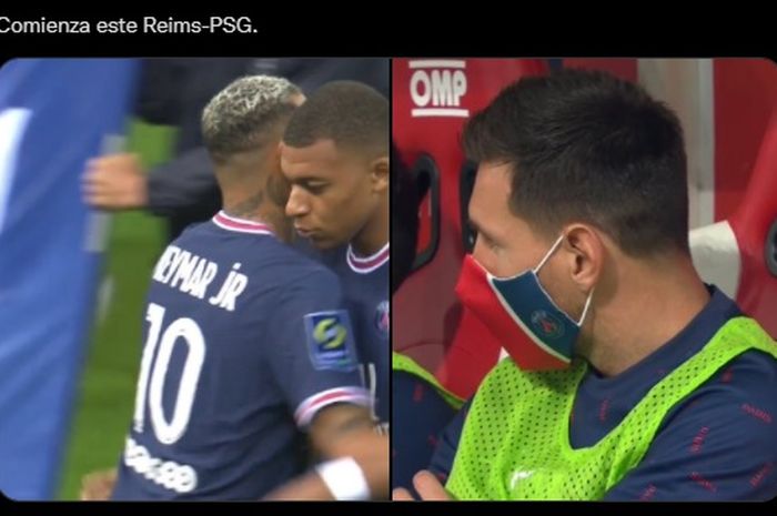 Lionel Messi menonton rekan satu timnya  dari bangku cadangan dalam laga kontra Reims di pekan keempat Liga Prancis.