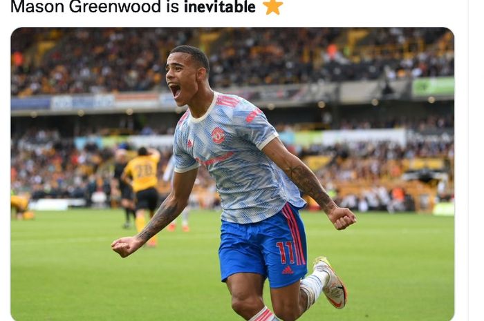 Selebrasi gol pemain Manchester United, Mason Greenwood, pada laga Liga Inggris melawan Wolverhampton Wanderers, Minggu (29/8/2021) di Stadion Molineux.