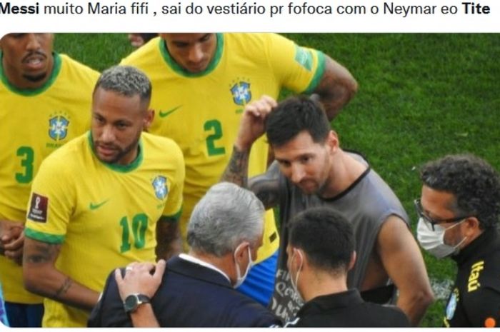 Lionel Messi, Tite, Neymar, dan Lionel Scaloni saat laga Brasil vs Argentina yang dibatalkan.