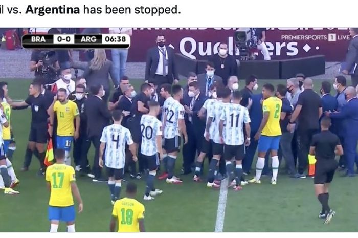 Pertandingan Brasil vs Argentina pada kualifikasi Piala Dunia 2022 berhenti pada Minggu (5/9/2021) waktu setempat.