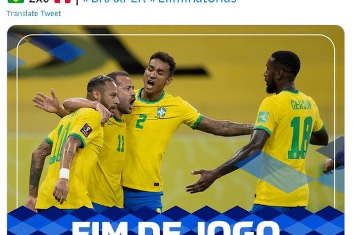 Neymar (paling kiri) berperan penting dalam kemenangan timnas Brasil atas timnas Peru dalam laga kualifikasi Piala Dunia 2022.