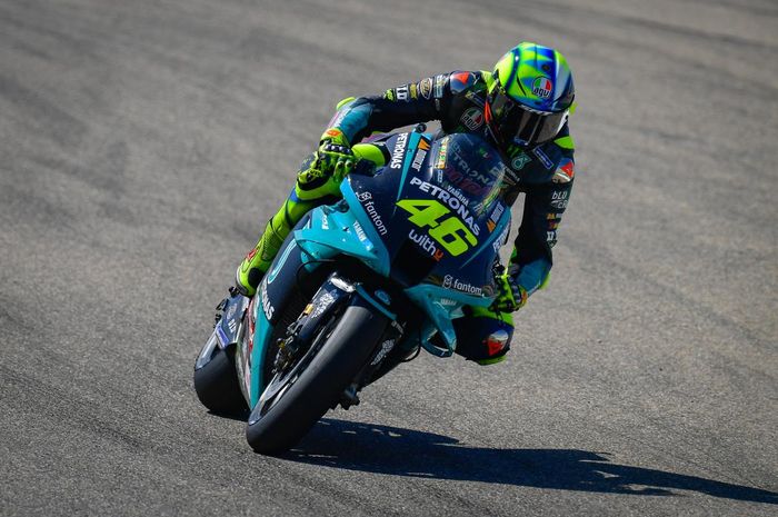 Pembalap Petronas Yamaha SRT, Valentino Rossi, pada balapan MotoGP Aragon 2021 di Sirkuit MotorLand Aragon, Minggu (12/9/2021).