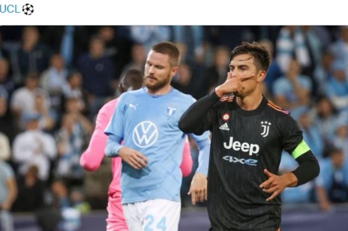 Selebrasi striker Juventus, Paulo Dybala, usai menjebol gawang Malmo.