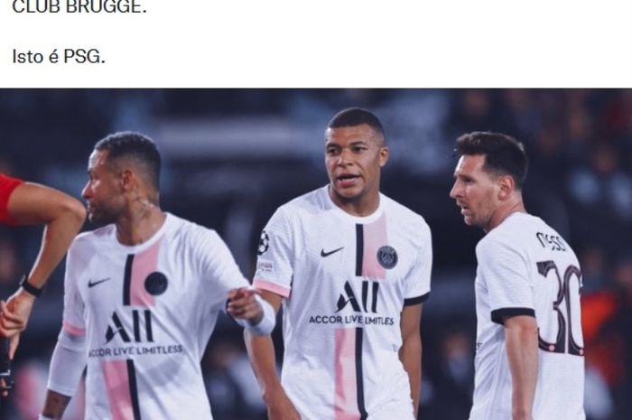 Trio PSG yang terdiri dari Lionel Messi, Kylian Mbappe, dan Neymar dalam laga kontra Club Brugge.