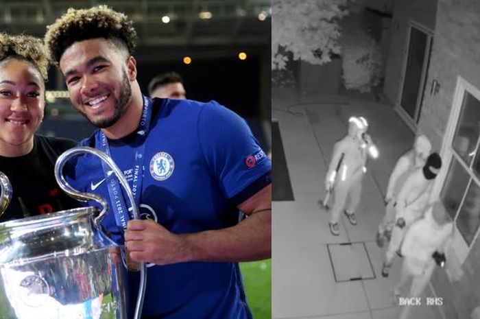 (Foto Kiri) Bek Chelsea, Reece James, saat menerima trofi Liga Champions. (foto kanan) Para pencuri membobol rumah Reece James dan mengambil semua medali kemenangannya.