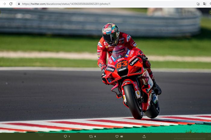 Pembalap Ducati Lenovo, Francesco Bagnaia, saat mengaspal pada MotoGP San Marino 2021 di Sirkuit Misano, Italia, Minggu (19/9/2021).