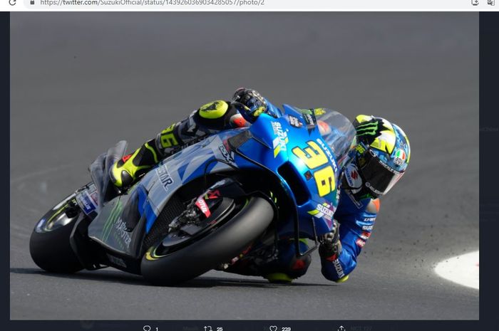 Pembalap Suzuki Ecstar, Joan Mir, saat melalui MotoGP San Marino 2021 di Sirkuit Misano, Italia, Minggu (19/9/2021).