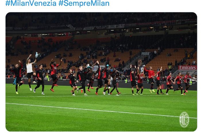 Selebrasi pemain AC Milan usai mengalahkan Venezia pada pertandingan Liga Italia, Kamis (23/9/2021) dini hari WIB.