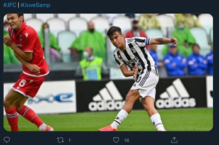 Striker Juventus, Paulo Dybala, mencetak gol untuk membawa timnya unggul pada laga lanjutan Liga Italia melawan Sampdoria di Allianz Stadium, Minggu (26/9/2021).