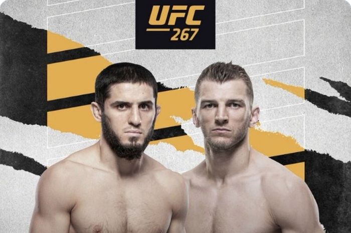 Poster pertandingan duel kelas ringan, Islam Makhachev vs Dan Hooker,  yang akan berlangsung pada acara UFC 267 di Abu Dhabi, 31 Oktober 2021.