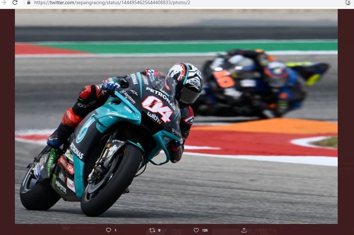 Pembalap Petronas Yamaha SRT, Andrea Dovizioso, saat mengaspal pada MotoGP Americas 2021 di Circuit of the Americas, Austin, Texas, Amerika Serikat, Minggu (3/10/2021).