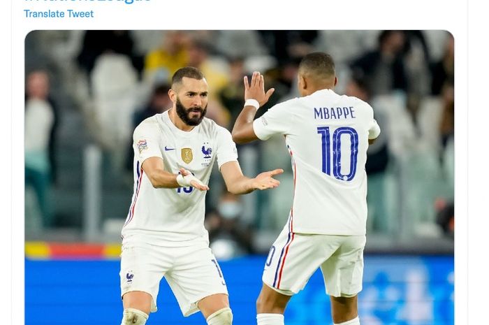 Karim Benzema dan Kylian Mbappe merayakan gol ke gawang Belgia pada semifinal UEFA Nations League, Jumat (8/10/2021) dini hari