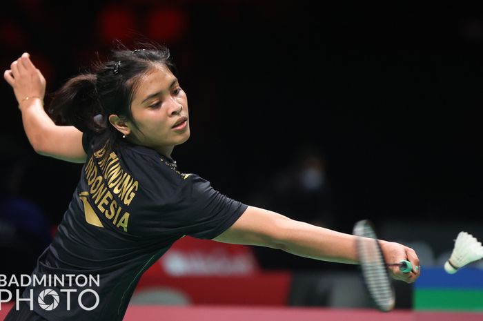 Pebulu tangkis tunggal putri Indonesia, Gregoria Mariska Tunjung, pada laga kedua melawan Prancis Uber Cup 2020 di Ceres Arena, Aarhus, Denmark, Senin (11/10/2021).