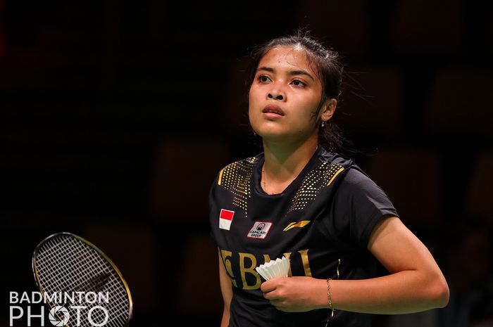 Pebulu tangkis tunggal putri, Gregoria Mariska Tunjung, pada partai pertama melawan Jepang, Uber Cup 2020 di Ceres Arena, Aarhus, Denmark, Selasa (12/10/2021).