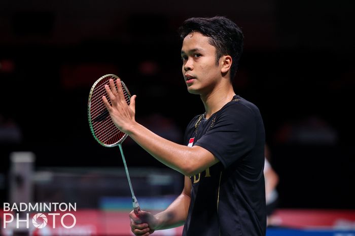 Pebulu tangkis tunggal putra Indonesia, Amthony Sinisuka Ginting, pada laga terakhir Grup A Thomas Cup 2020 di Ceres Arena, Aarhus, Denmark, Rabu (13/10/2021).