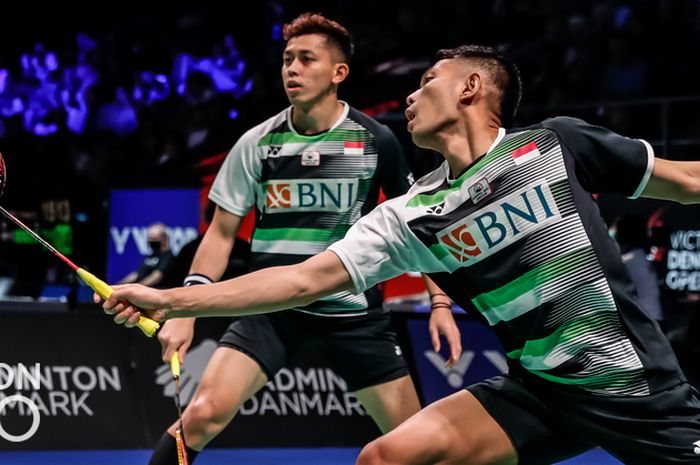 Pasangan ganda putra Indonesia, Fajar Alfian/Muhammad Rian Ardianto saat tampil pada Denmark Open 2021, Kamis (21/10/2021).