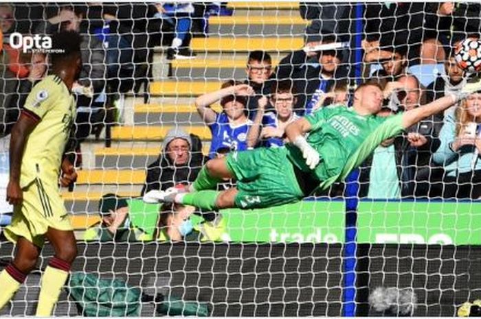 Kiper Arsenal, Aaron Ramsdale, saat menggagalkan upaya tendangan bebas gelandang Leicester City, James Maddison. 