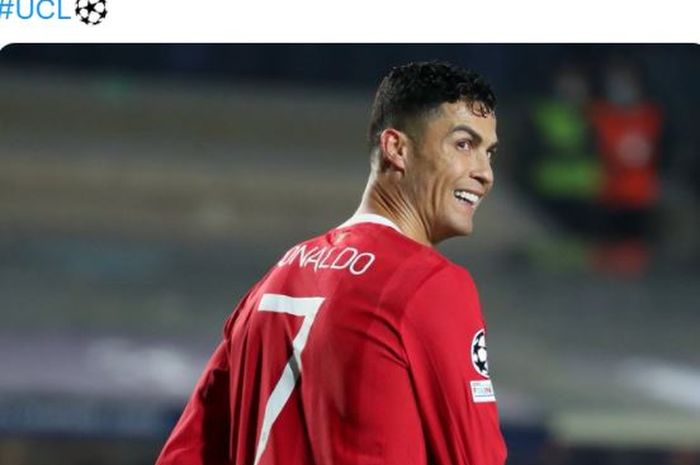 Striker Manchester United, Cristiano Ronaldo, merayakan gol dalam laga Grup F Liga Champions kontra Atalanta di Stadio di Bergamo, Selasa (2/11/2021).