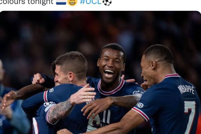 Gelandang Paris Saint-Germain, Georginio Wijnaldum, merayakan gol ke gawang RB Leipzig dalam laga Grup A Liga Champions di Stadion RB Arena, Rabu (3/11/2021).