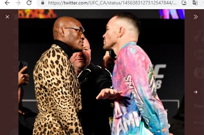 Ketika Kamaru Usman (kiri) dan Colby Covington (kanan) melakukan sesi face-off pada UFC 268 di Madison Square Garden, New York, Amerika Serikat, Kamis (4/11/2021).