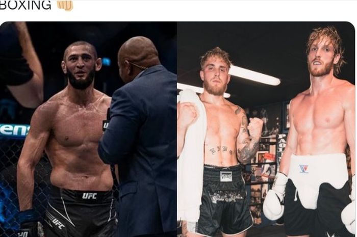 Montase foto monster UFC, Khamzat Chimaev (kiri) dan petinju tapi artis YouTube, Logan Paul dan Jake Paul (kanan).