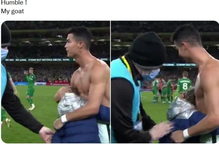 Cristiano Ronaldo saat menyambut seorang suporter cilik dalam laga kontra Republik Irlandia.