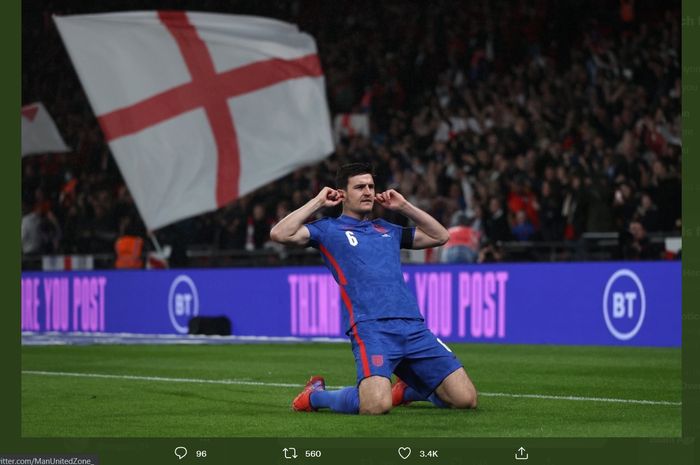 Selebrasi Harry Maguire ketika mencetak gol untuk Timnas Inggris.