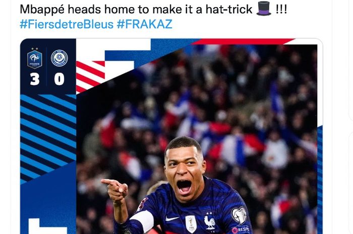 Kylian Mbappe mencetak hattrick untuk Prancis ke gawang Kazakhstan pada laga Kualifikasi Piala Dunia 2022 di Paris, Minggu (14/11/2021) dini hari WIB.