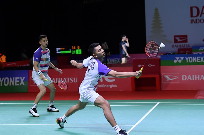 Pasangan ganda putra Indonesia, Fajar Alfian/Muhammad Rian Ardianto, saat tampil pada Indonesia Masters 2021 di di The Westin Resort, Nusa Dua, Bali, Selasa (16/11/2021).