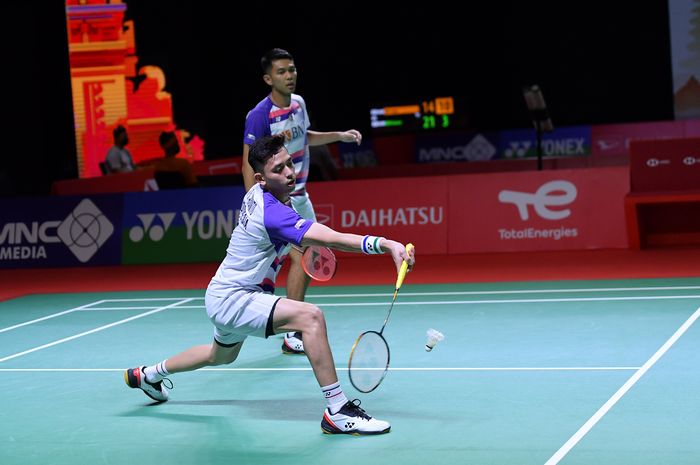 Pasangan ganda putra Indonesia, Fajar Alfian/Muhammad Rian Ardianto, saat tampil pada Indonesia Masters 2021 di Hotel Westin Resort Nusa Dua Bali, Indonesia, Selasa (16/11/2021).