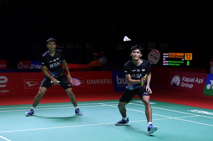 Pasangan ganda putra Indonesia, Muhammad Shohibul Fikiri/Bagas Maulana, saat tampil pada Indonesia Masters 2021 di Hotel Westin Resort Nusa Dua Bali, Indonesia, Selasa (16/11/2021).