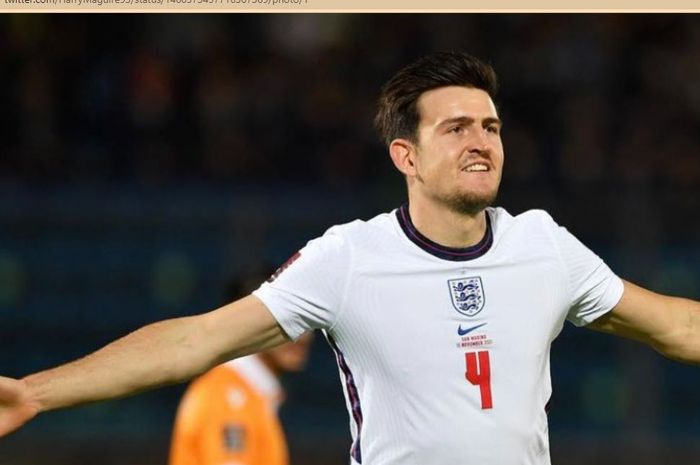 Bek timnas Inggris, Harry Maguire, merayakan gol ke gawang timnas San Marino dalam laga Grup I Kualifikasi Piala Dunia 2022 Zona Eropa di San Marino Stadium, Senin (15/11/2021).