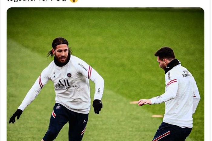 Sergio Ramos berlatih dengan Lionel Messi dalam sesi latihan Paris Saint-Germain (PSG) jelang laga kontra Nantes (20/11/2021).