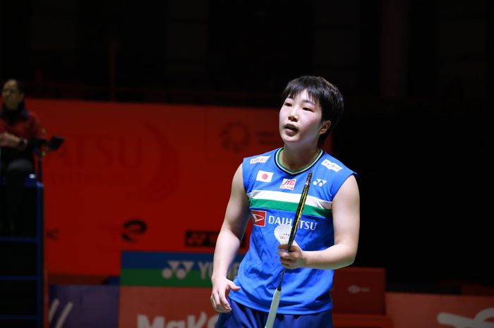 Pemain tunggal putri Jepang, Akane Yamaguchi, saat bertanding di semifinal Indonesia Masters 2021, di The Westin Resort, Nusa Dua, Bali, Sabtu (20/11/2021).