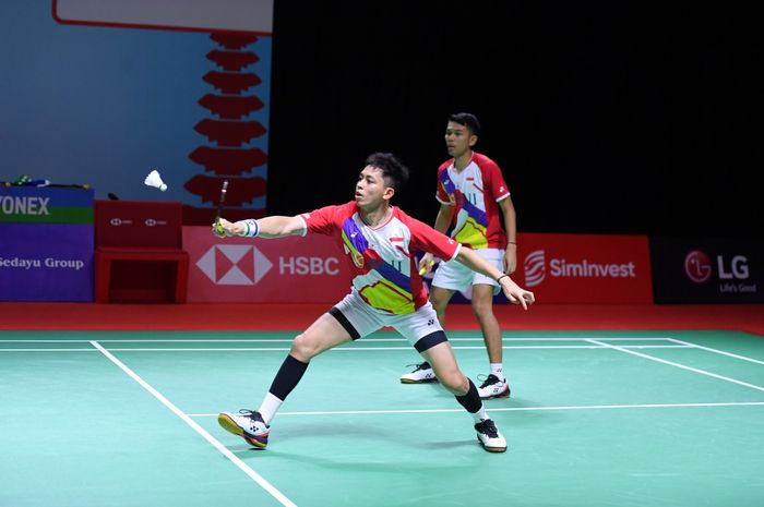 Aksi Fajar Alfian/Muhammad Rian Ardianto pada babak pertama Indonesia Open 2021, Rabu (24/11/2021)