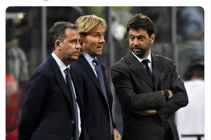 Dari kanan ke kiri: Presiden Juventus Andrea Agnelli, Wapres Pavel Nedved, dan direktur klub yang kini sudah hijrah ke Tottenham, Fabio Paratici.