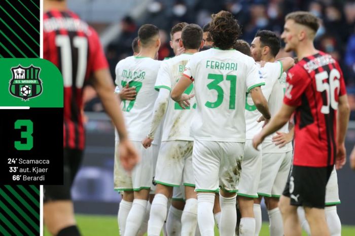 Selebarsi pemain Sassuolo usai mengalahkan AC Milan 3-1 di San Siro dalam giornata ke-14 Liga Italia, Minggu (28/11/2021). 