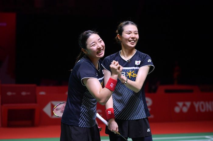 Ekspresi ganda putri Korea Selatan, Kim So-yeong/Kong Hee-yong pada final BWF World Tour Finals 2021, Minggu (5/12/2021)