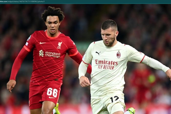 Momen duel antara Ante Rebic dan Trent Alexander-Arnold saat Liverpool dan AC Milan baku hantam di Stadion Anfield.