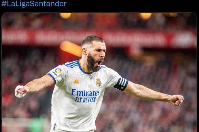 Bomber andalan Real Madrid, Karim Benzema, saat merayakan gol yang dicetak ke gawang Athletic Club di Liga Spanyol 2021-2022