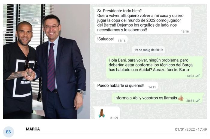 Chat antara Dani Alves dan Josep Bartomeu pada 2019 menunjukkan Alves kala itu meminta izin kembali ke Barcelona.