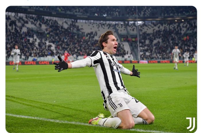 Ekspresi penyerang Juventus, Federico Chiesa, usai mencetak gol ke gawang Napoli, Kamis (6/1/2022).