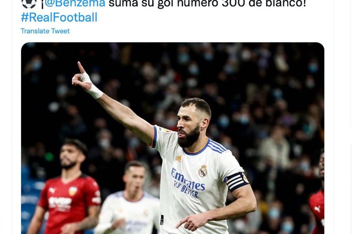 Karim Benzema mencetak dua gol untuk Real Madrid pada laga versus Valencia di Santiago Bernabeu, Sabtu (8/1/2022) waktu setempat.