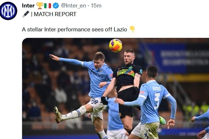 Aksi bek INter Milan, Milan Skriniar, saat menghadapi Lazio.