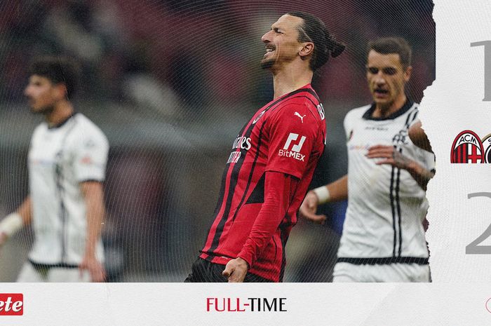 Ekspresi penyerang AC Milan, Zlatan Ibrahimovic, pada laga melawan Spezia di Stadion San Siro, Selasa (18/1/2022).